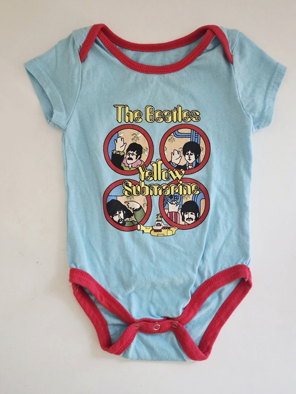 The Beatles Light Blue Baby Bodysuit with Red Trim - Yellow Submarine Graphic